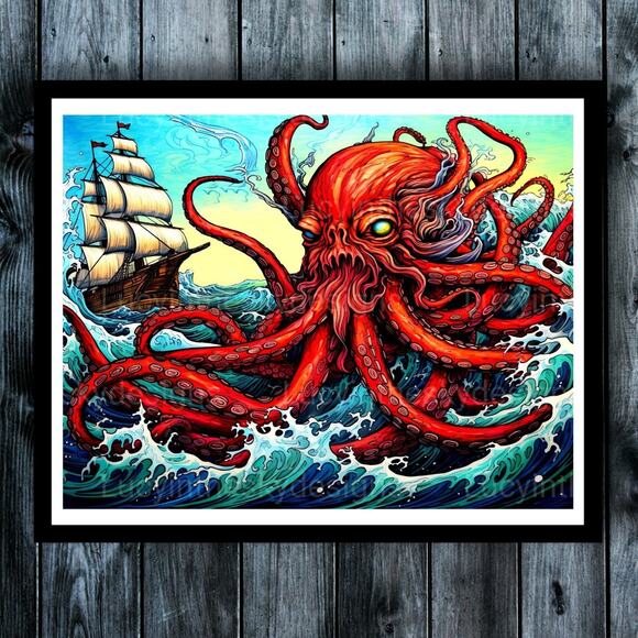 Kraken Sea Monster Sunken Pirate Ship Bright Art Print Wall Decor - Picture 1 of 4